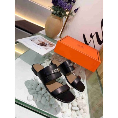 Hermes Avenue Sandals In Black Calfskin