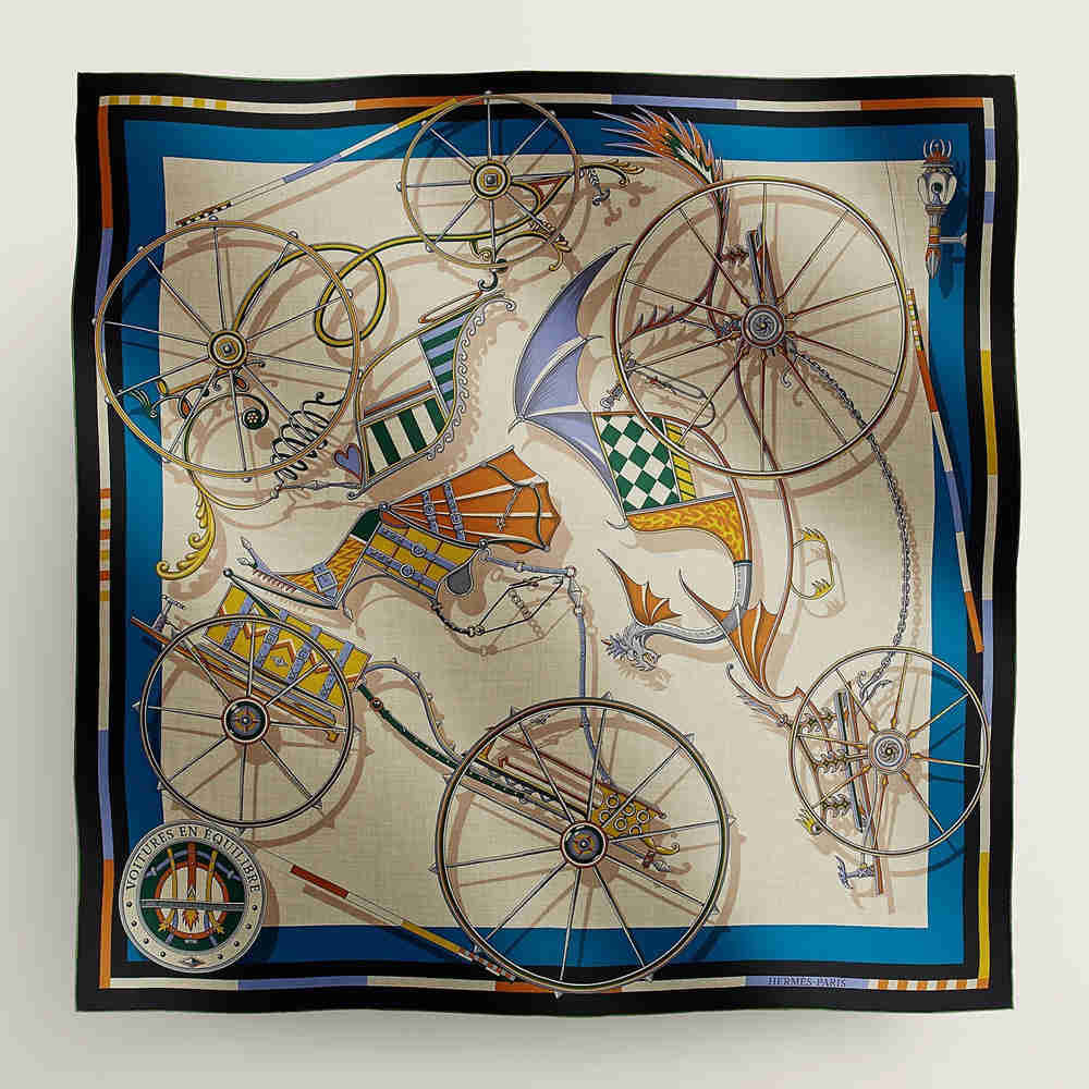 Hermes Beige Blue Voitures en Equilibre Shawl 140