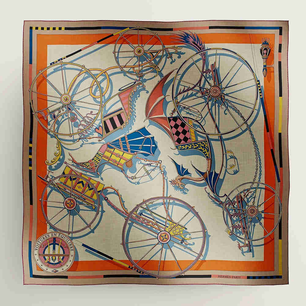 Hermes Beige Orange Voitures en Equilibre Shawl 140