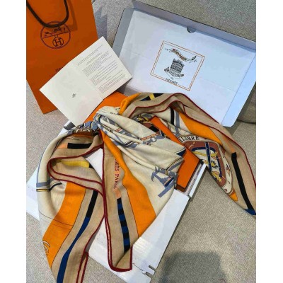 Hermes Beige Orange Voitures en Equilibre Shawl 140