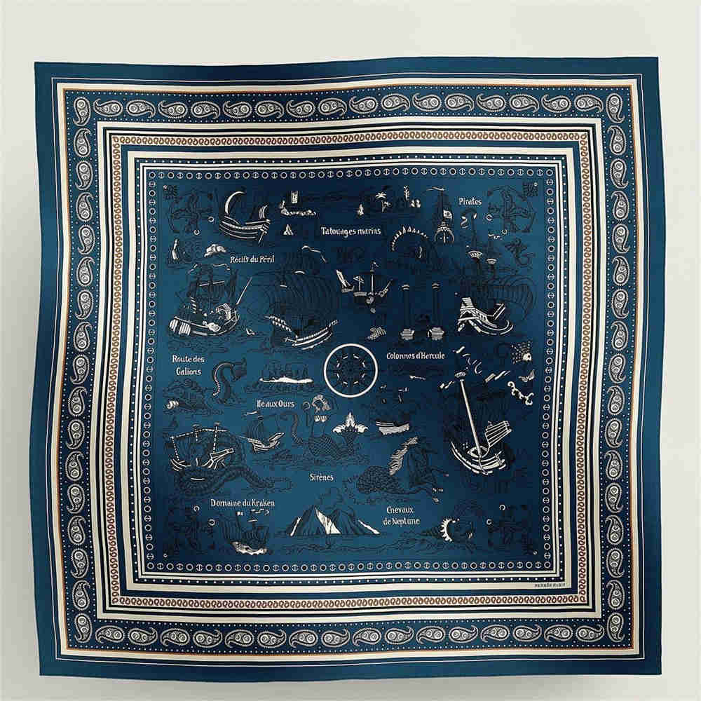 Hermes Blue Tatouages Marins Bandana Shawl 140