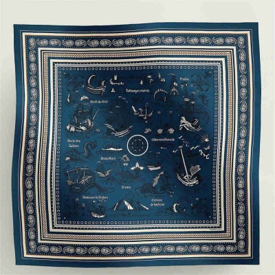 Hermes Blue Tatouages Marins Bandana Shawl 140