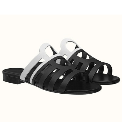 Hermes Camelia Slide Sandals In Black White Calfskin