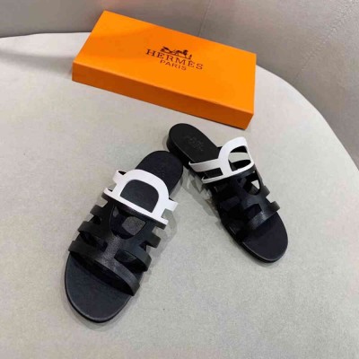 Hermes Camelia Slide Sandals In Black White Calfskin