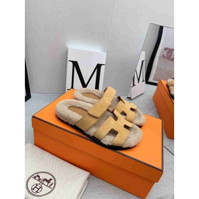 Hermes Chypre Sandals in Beige Suede with Shearling