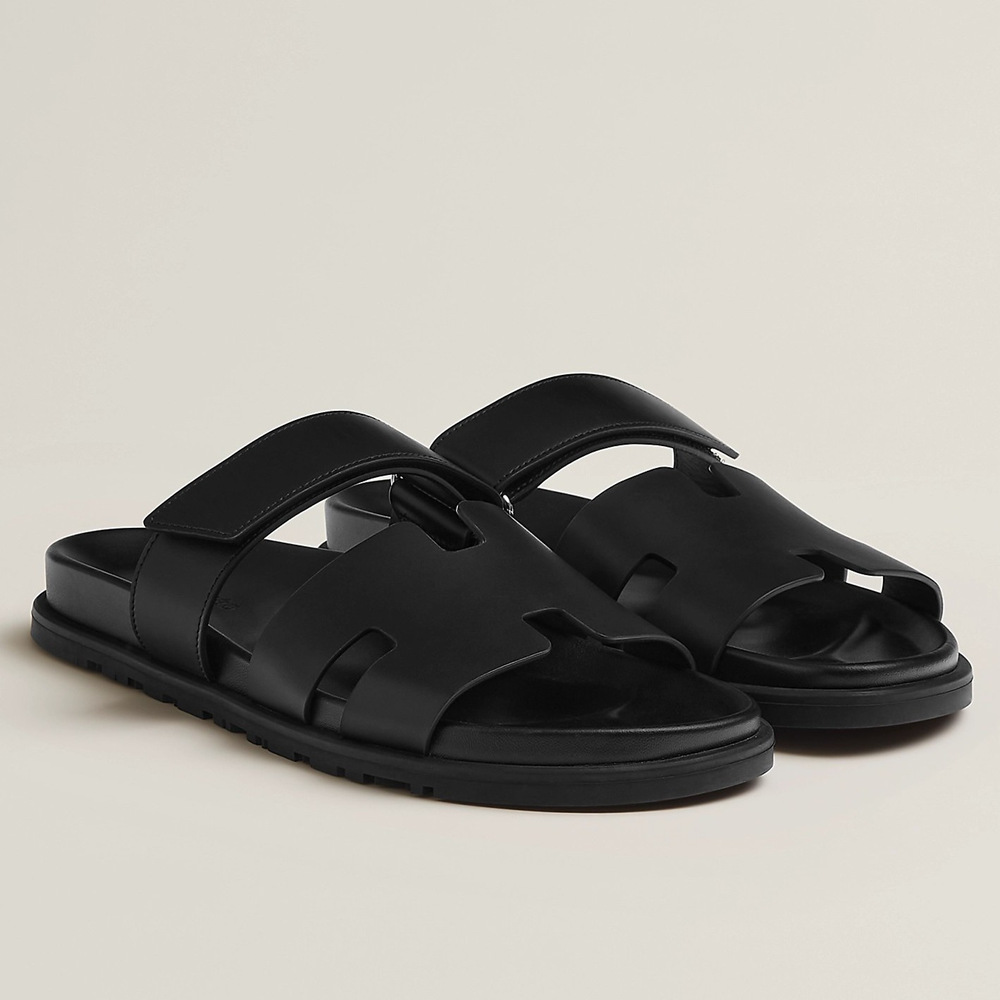 Hermes Chypre Sandals in Black Calfskin