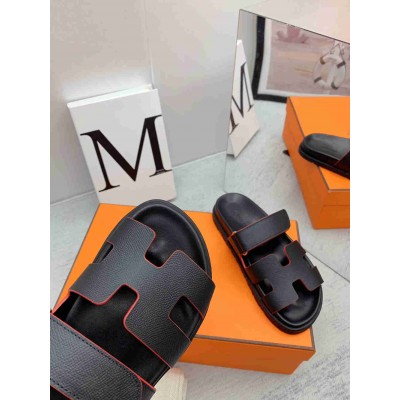 Hermes Chypre Sandals in Black Epsom Calfskin