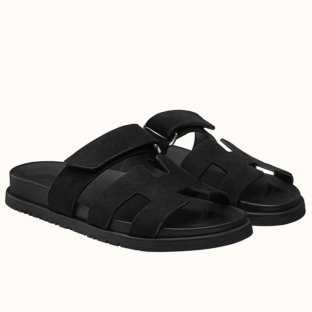 Hermes Chypre Sandals in Black Suede Calfskin