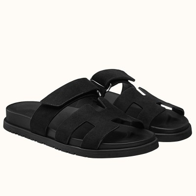 Hermes Chypre Sandals in Black Suede Calfskin