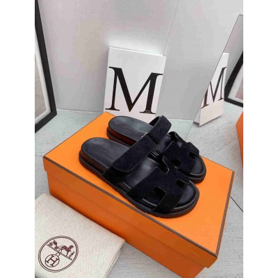 Hermes Chypre Sandals in Black Suede Calfskin