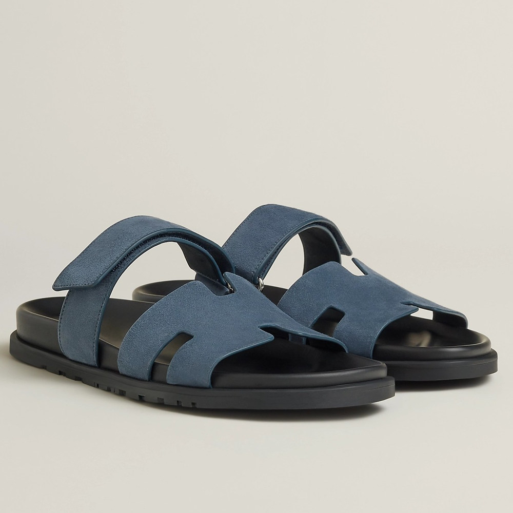 Hermes Chypre Sandals in Blue Suede Calfskin