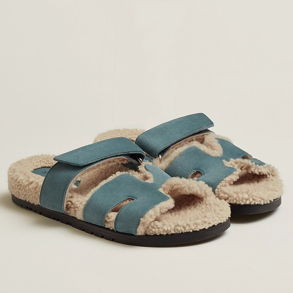 Hermes Chypre Sandals in Blue Suede with Shearling