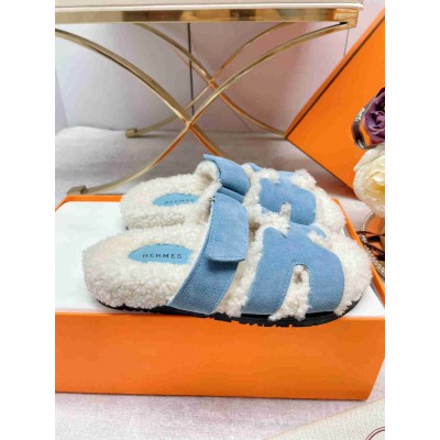 Hermes Chypre Sandals in Blue Suede with Shearling