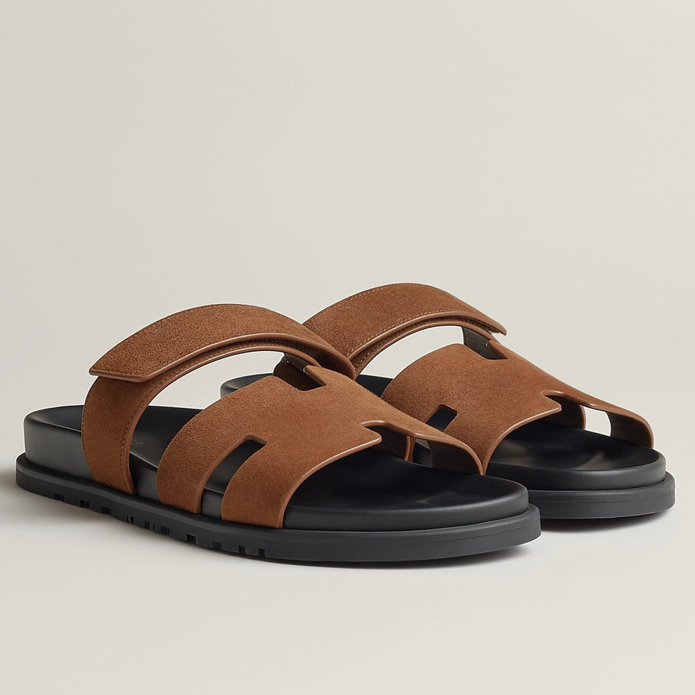 Hermes Chypre Sandals in Brown Suede Calfskin