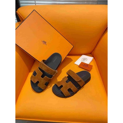 Hermes Chypre Sandals in Brown Suede Calfskin