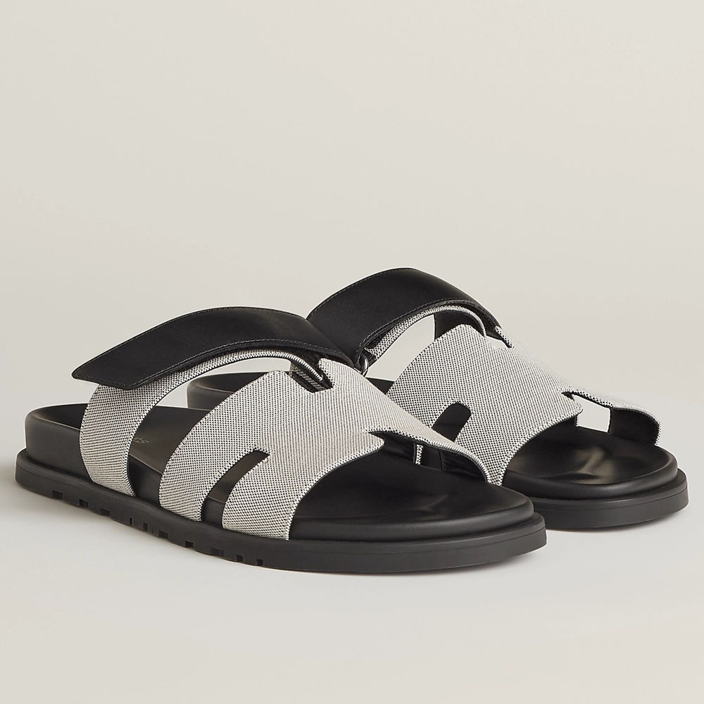 Hermes Chypre Sandals In Canvas with Black Leather