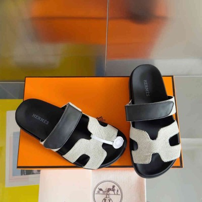 Hermes Chypre Sandals In Canvas with Black Leather