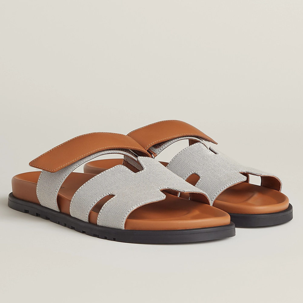 Hermes Chypre Sandals In Canvas with Brown Leather
