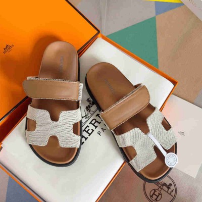 Hermes Chypre Sandals In Canvas with Brown Leather