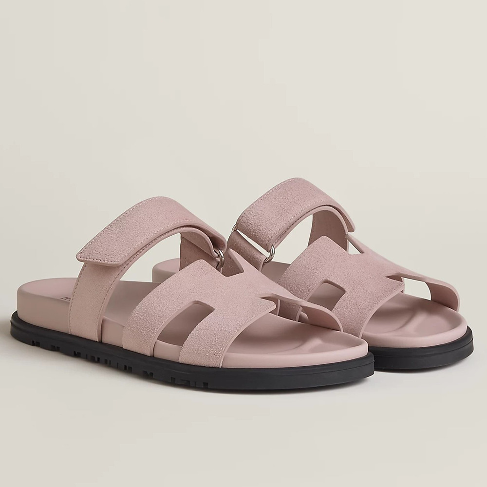 Hermes Chypre Sandals In Pink Suede Calfskin