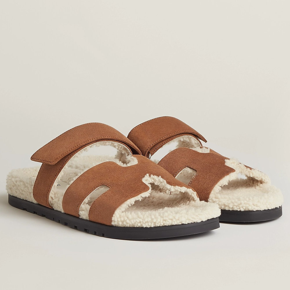 Hermes Chypre Sandals in Tan Suede with Shearling