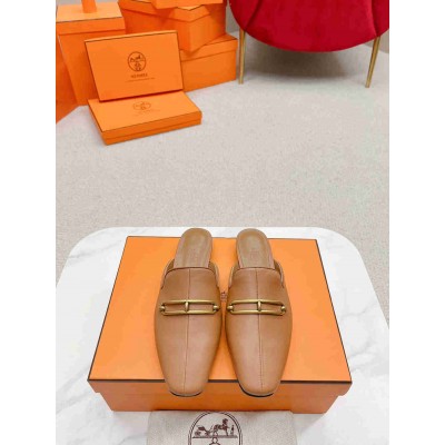 Hermes Esmee Mules in Brown Calfskin