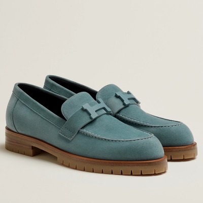 Hermes Faubourg Loafers in Blue Suede Leather
