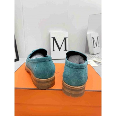 Hermes Faubourg Loafers in Blue Suede Leather