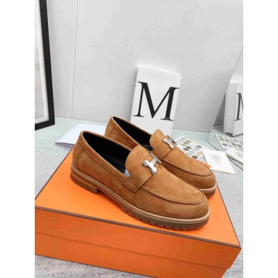 Hermes Faubourg Loafers in Brown Suede Leather