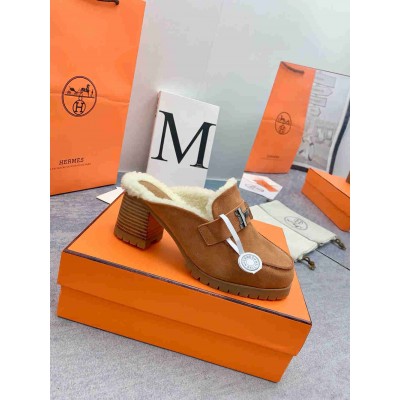 Hermes Flore 60 Mules in Brown Suede with Shearling
