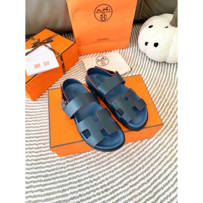 Hermes Genius Sandals In Blue Calfskin