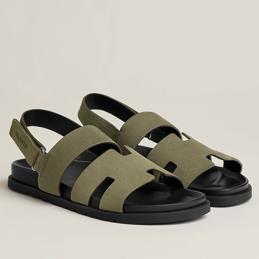 Hermes Genius Sandals In Green Suede Calfskin