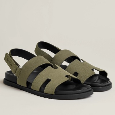 Hermes Genius Sandals In Green Suede Calfskin
