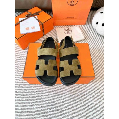 Hermes Genius Sandals In Green Suede Calfskin