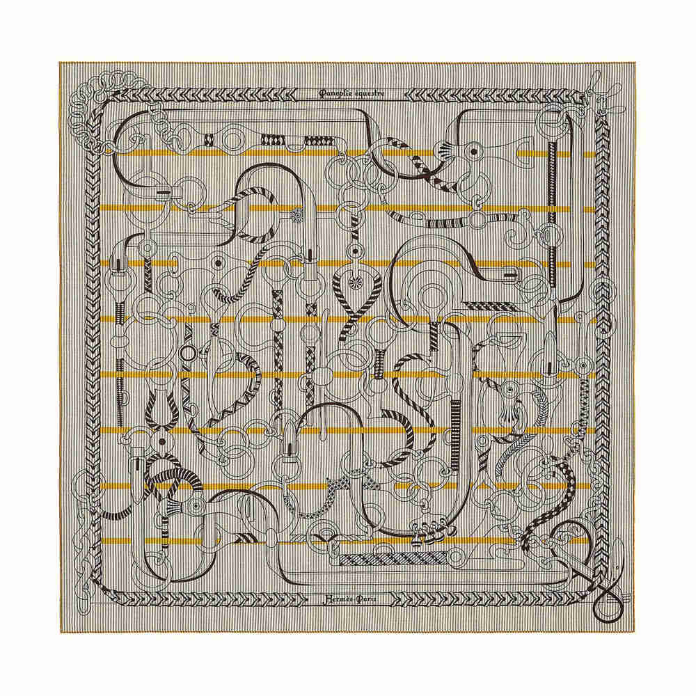Hermes Grey Yellow Panoplie Equestre Eyeliner Shawl 140