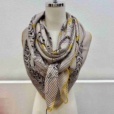 Hermes Grey Yellow Panoplie Equestre Eyeliner Shawl 140