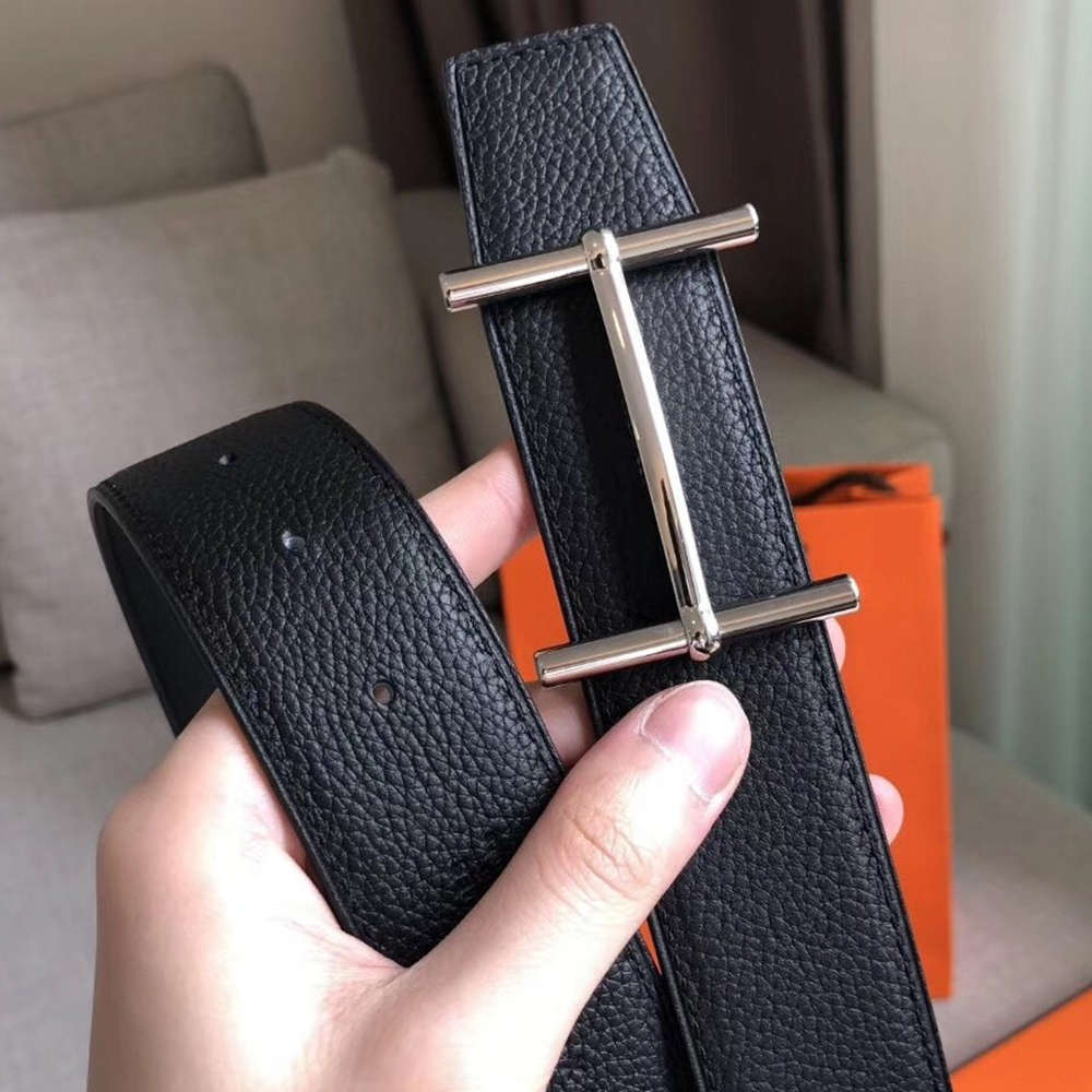 Hermes H d'Ancre Reversible Belt In Black Ardoise Leather