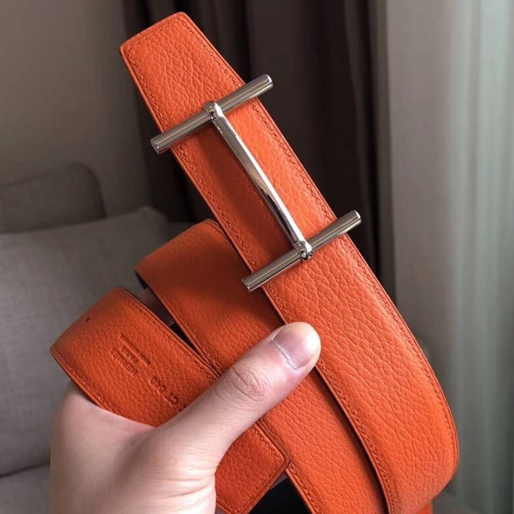 Hermes H d'Ancre Reversible Belt In Orange Noir Leather