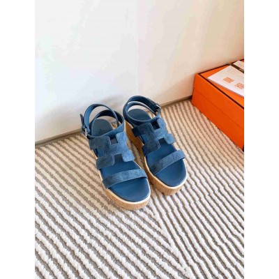 Hermes Havane 30 Sandals in Blue Suede Leather
