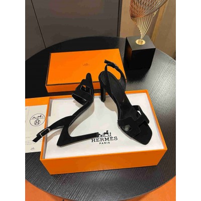 Hermes Heden 80 Sandals in Black Suede Leather