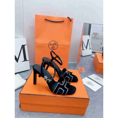 Hermes Heden 80 Sandals in Black Suede Leather with Rhinestone