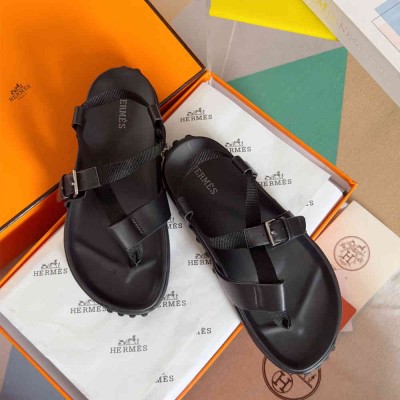 Hermes Inboard Sandals in Black Leather and Ribbon