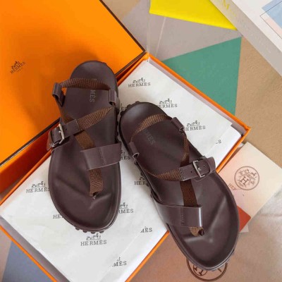 Hermes Inboard Sandals in Burgundy Leather and Ribbon