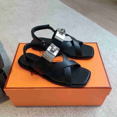 Hermes Ines Sandals in Black Leather