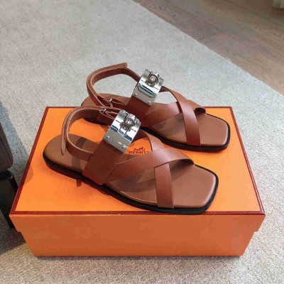 Hermes Ines Sandals in Brown Leather