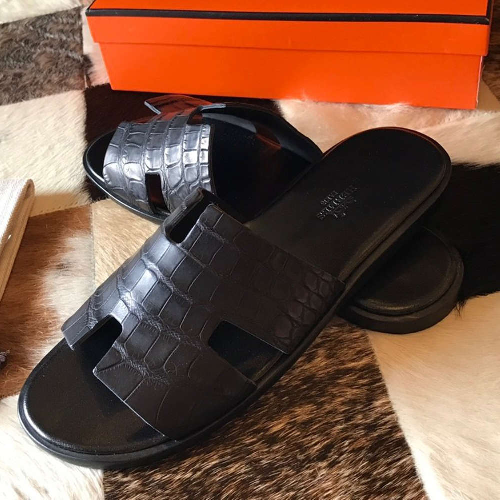 Hermes Izmir Sandals In Black Matte Niloticus Crocodile Leather