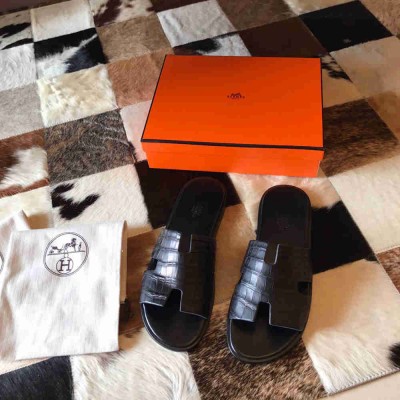 Hermes Izmir Sandals In Black Matte Niloticus Crocodile Leather