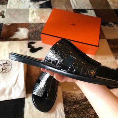 Hermes Izmir Sandals In Black Shiny Niloticus Crocodile Leather