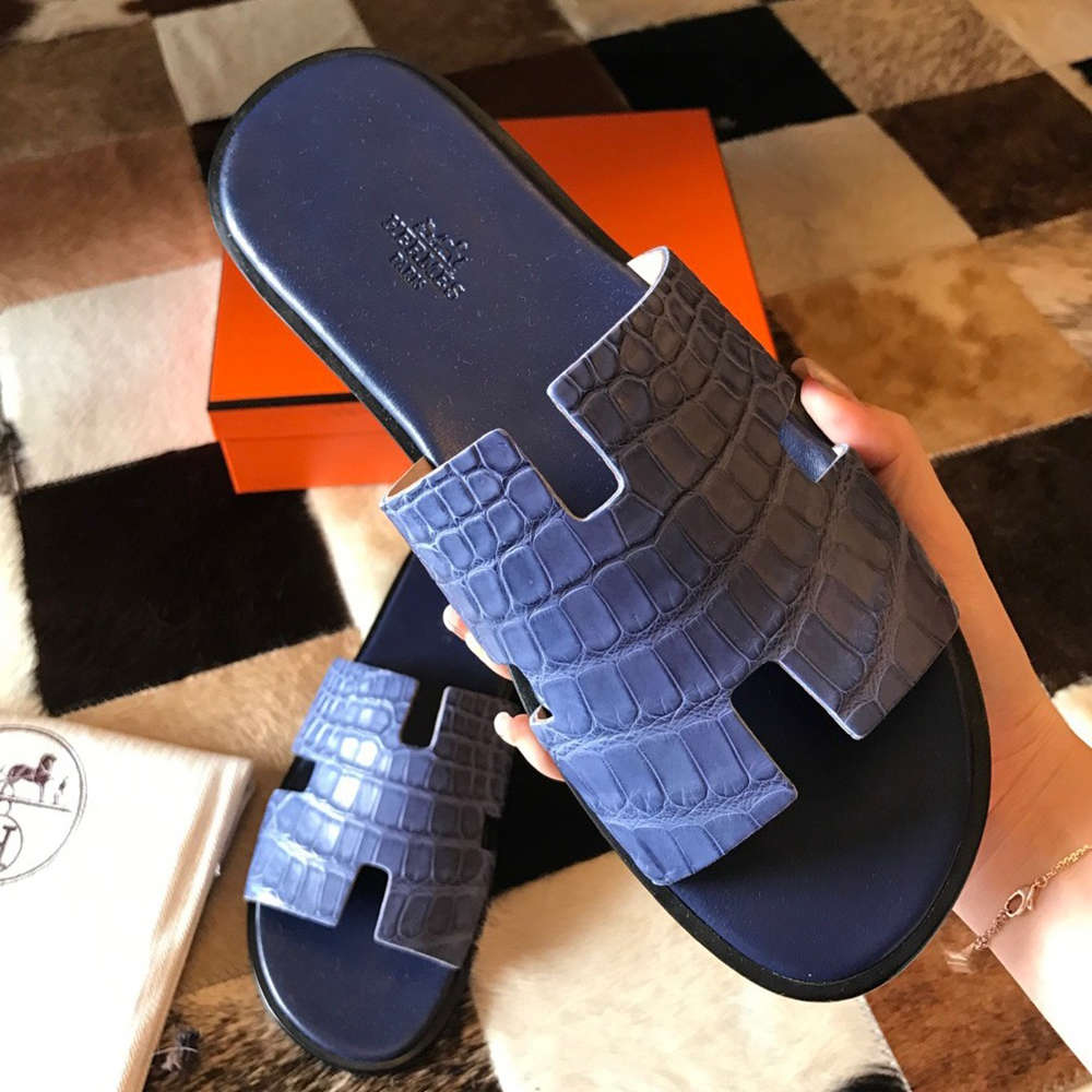 Hermes Izmir Sandals In Blue Matte Niloticus Crocodile Leather