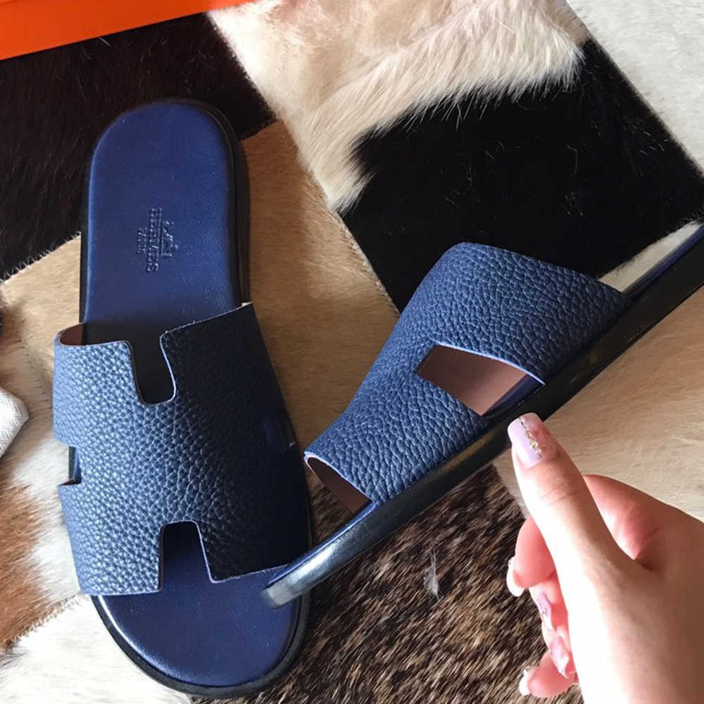 Hermes Izmir Sandals In Blue Saphir Clemence Leather